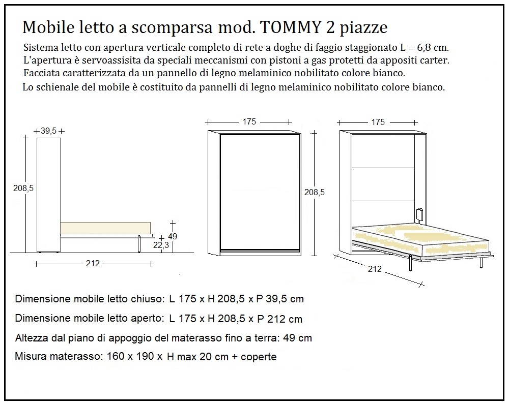 scheda tecnica letto a scomparsa letti due piazze tommy